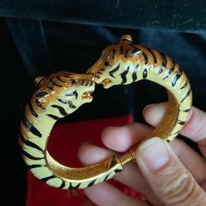 Kenneth Jay Lane KJL Enamel & Gold-tone Double Head Tiger Cat Cuff Bracelet